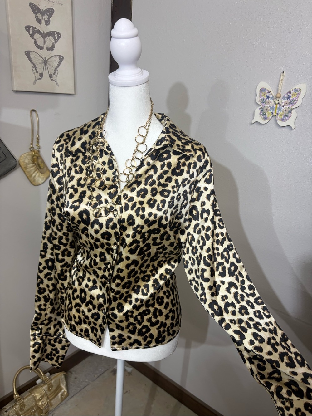 Pleione Leopard Print Satin Button-Up Blouse - Gold & Black